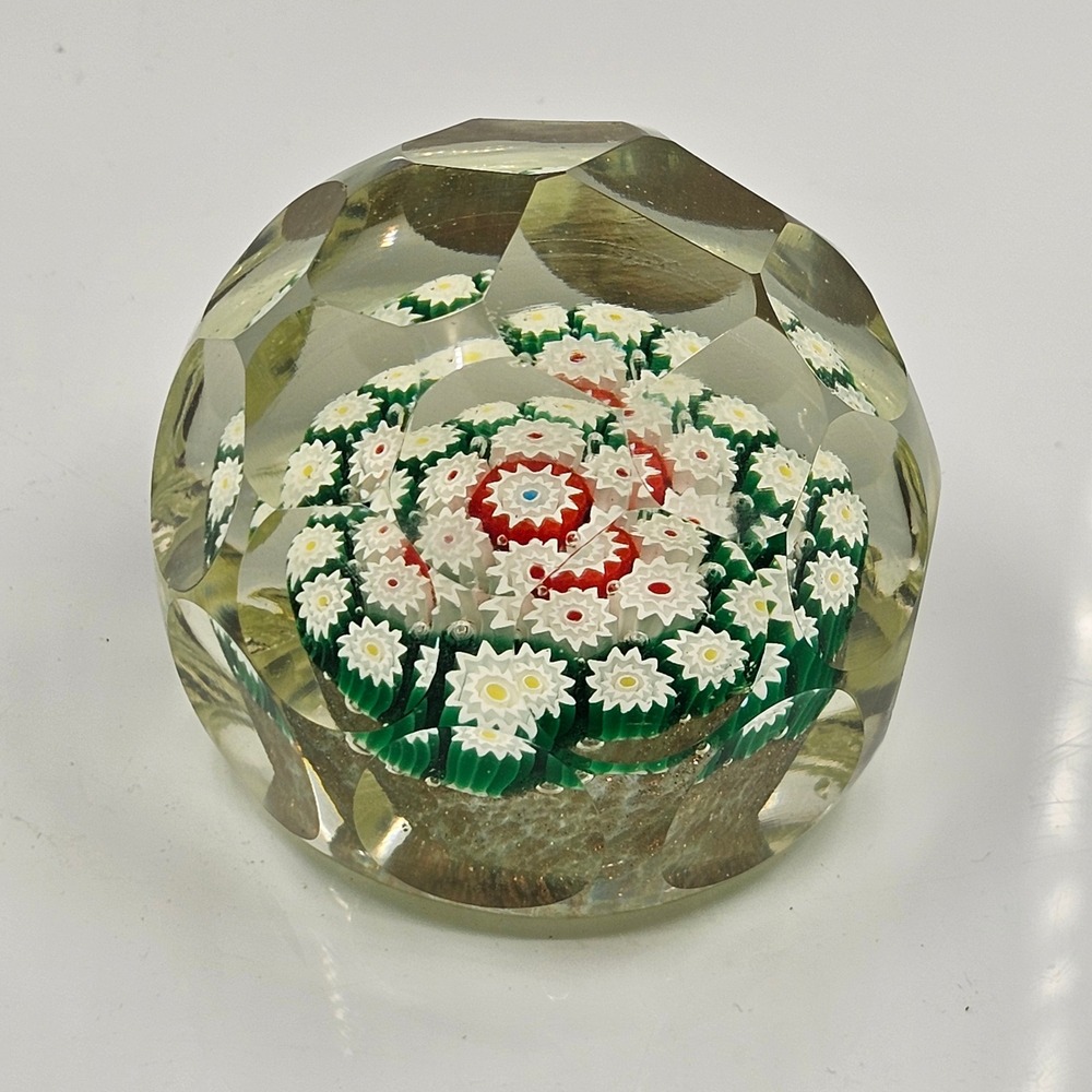Millefiori Art Glass Paperweight Faceted Concentric‎ Floral Gold Aventurine Base